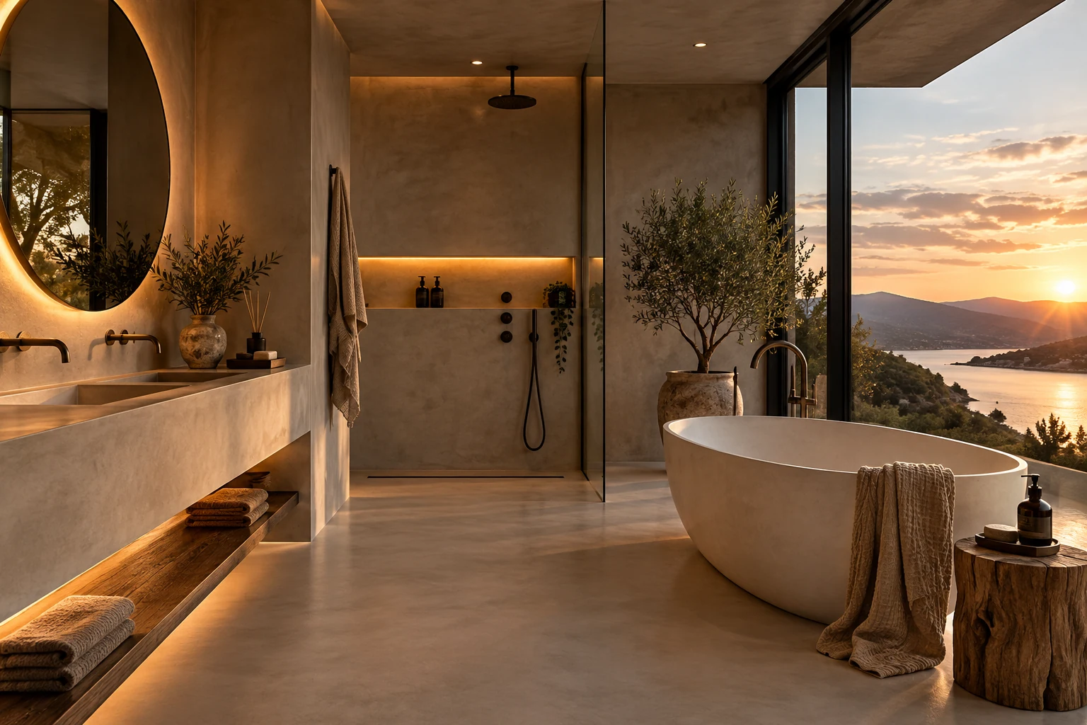 AI-generated conceptual microcement bathroom, for design inspiration only